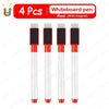 Vier rote Whiteboard-Marker mit Magneten zum Schreiben auf einer Tafel.
