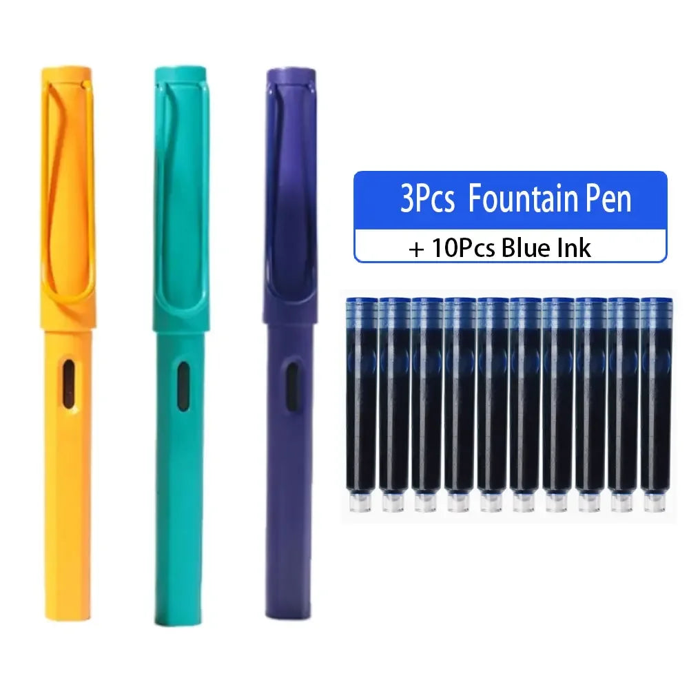 A set of three fountain pens in orange, teal, and purple with ten blue ink cartridges.