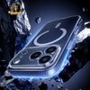 A close-up of an iPhone in a clear magnetic case demonstrating military-grade drop protection against a dark, rocky backgroun