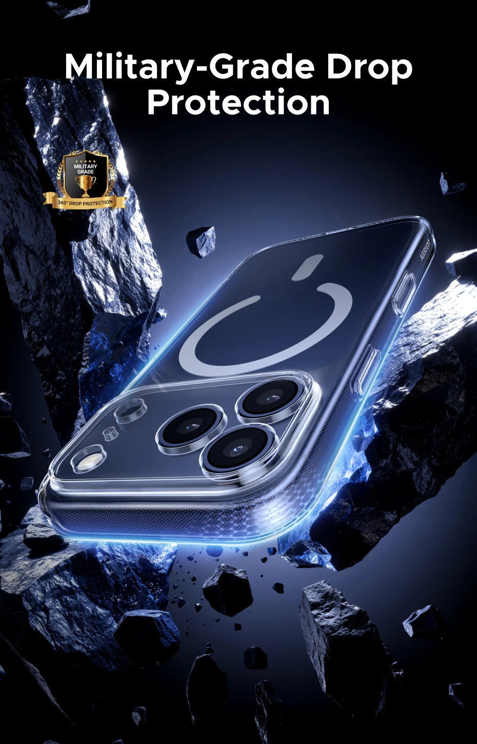 A close-up of an iPhone in a clear magnetic case demonstrating military-grade drop protection against a dark, rocky backgroun