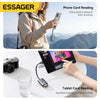 A woman uses a device to read a photo card and another hand connects a camera to a tablet for card reading.
