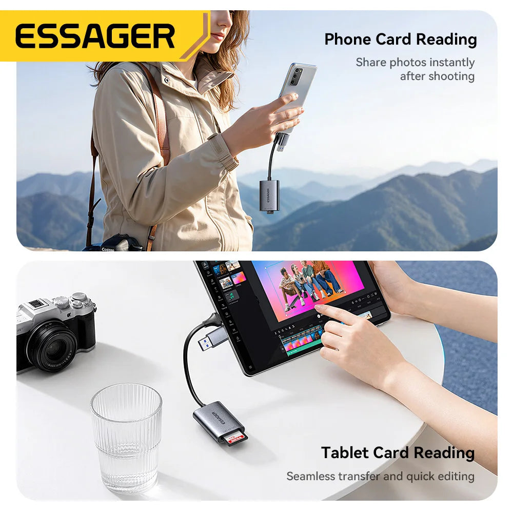 A woman uses a device to read a photo card and another hand connects a camera to a tablet for card reading.