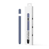 A vertical view of a slim, dark blue silicone sleeve for a pencil, packaged in a white box.