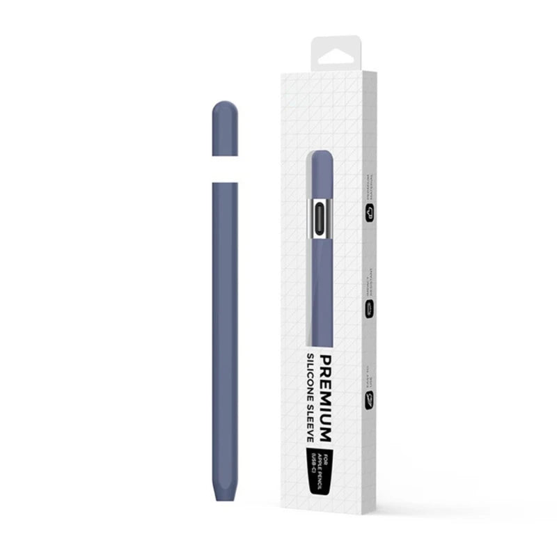 A vertical view of a slim, dark blue silicone sleeve for a pencil, packaged in a white box.