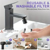 A reusable and washable filter is shown with a modern faucet, demonstrating its removable design for cleaning.