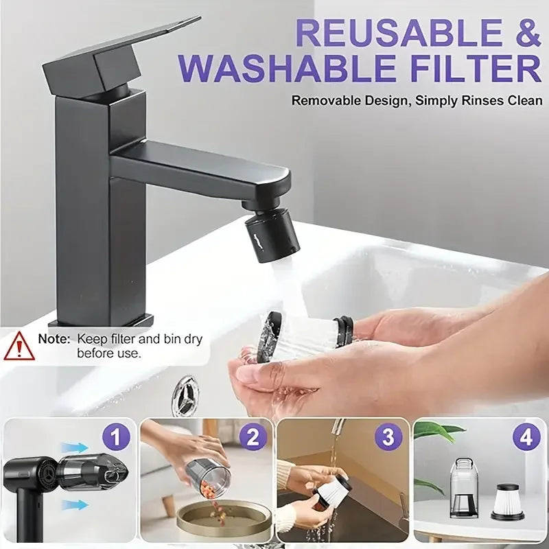 A reusable and washable filter is shown with a modern faucet, demonstrating its removable design for cleaning.