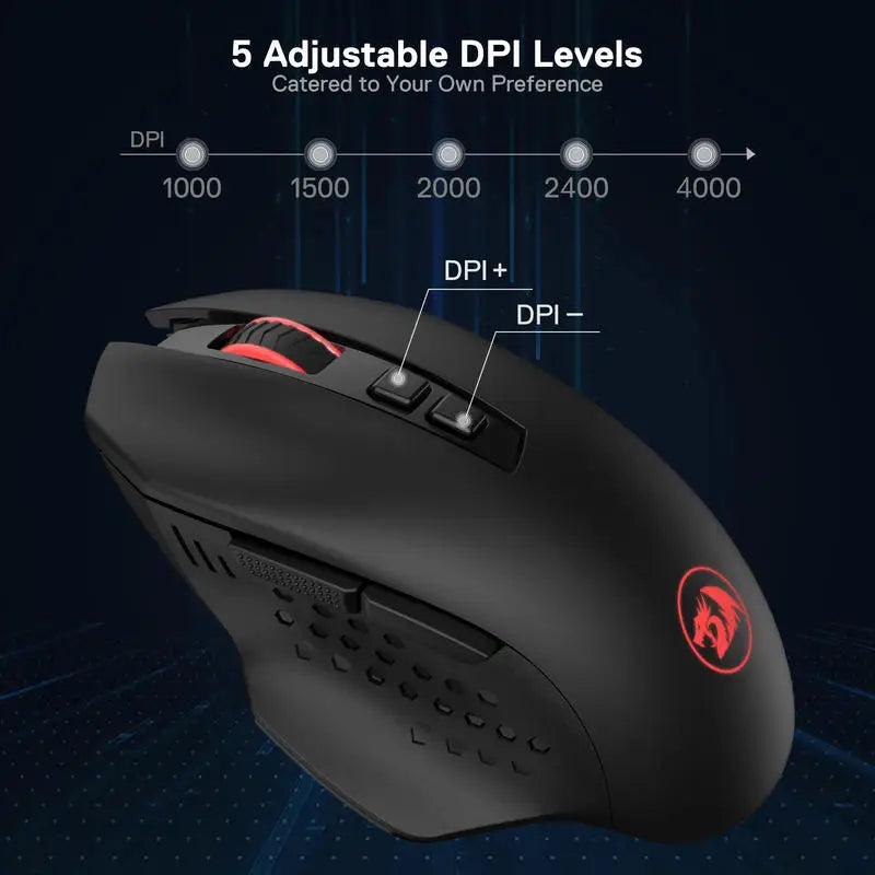 Black Redragon wireless gaming mouse showing adjustable DPI levels and DPI plus minus settings.