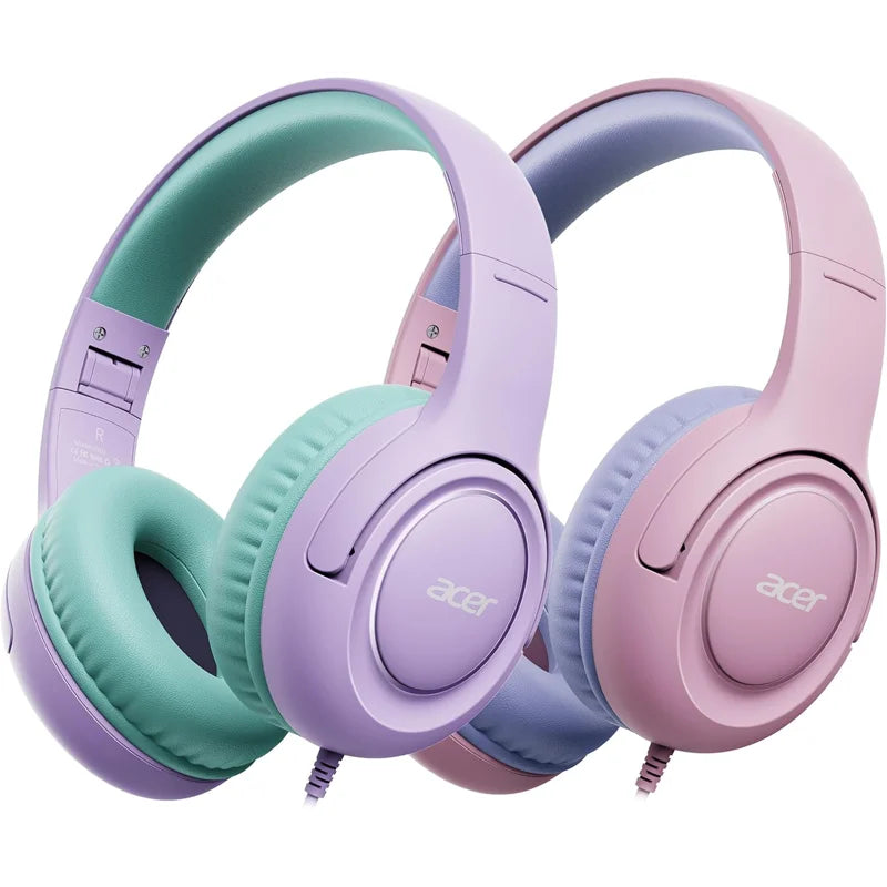 A set of purple and pink kids wired headphones with green earcups and adjustable volume limiter.
