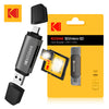 Lector de tarjeta SD/microSD Kodak con adaptador y lector de tarjeta separado, empaquetado en una caja amarilla.