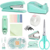 A collection of professional desktop stationery tools including a cutter, ring binder, and various small office supplies in m