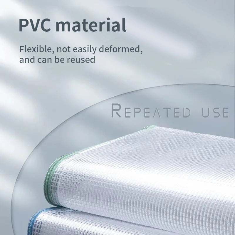 White PVC mesh document bags shown in a close-up, demonstrating flexibility and repeated use.