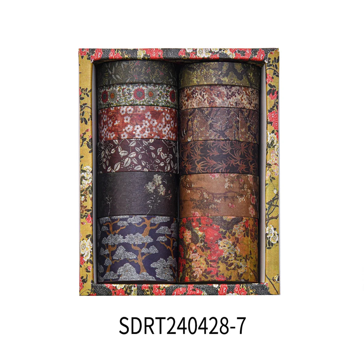 A set of vintage floral washi tape rolls displayed in a wooden box.