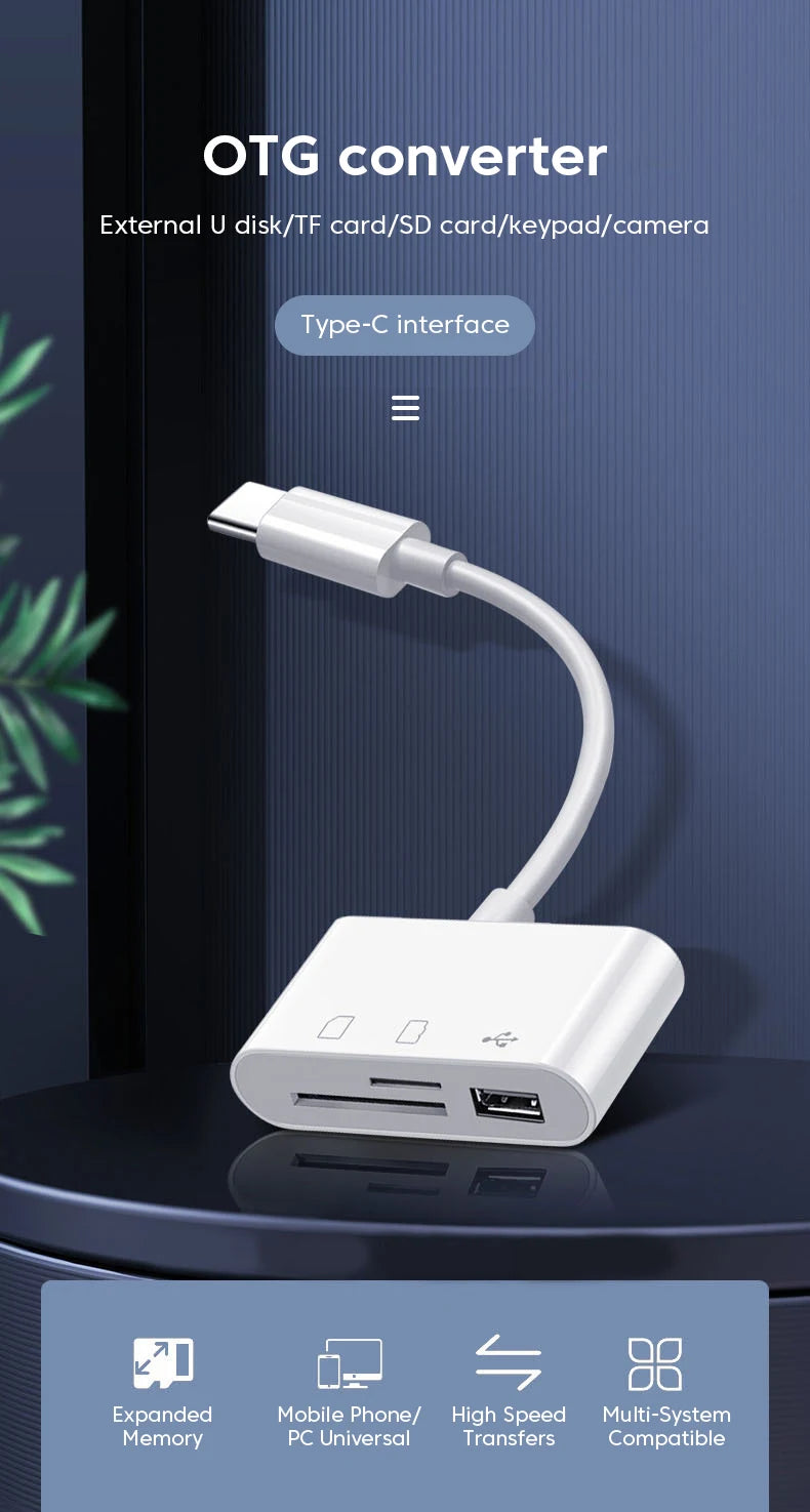 A white OTG converter with a Type-C interface and a flexible cable, shown against a dark background.