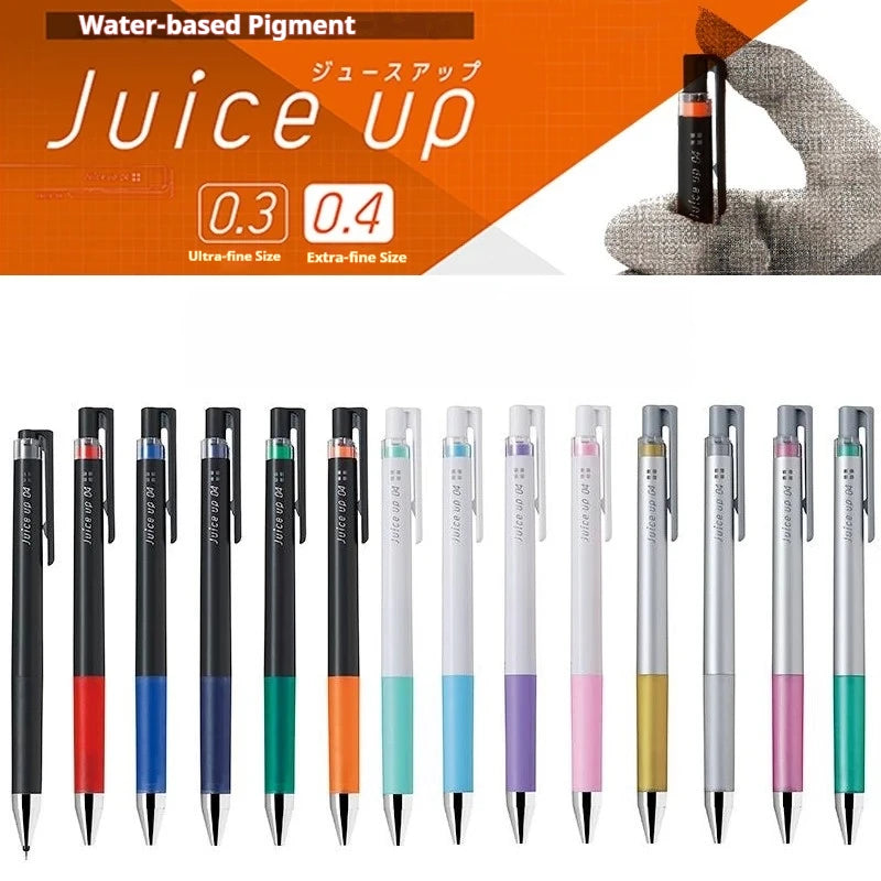 A set of Pilot Juice Up water-based pigment gel pens in various colors and sizes, shown against an orange background.