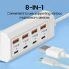 A white 8-in-1 USB wall outlet adapter with multiple ports and various charging cables shown on a blue background.