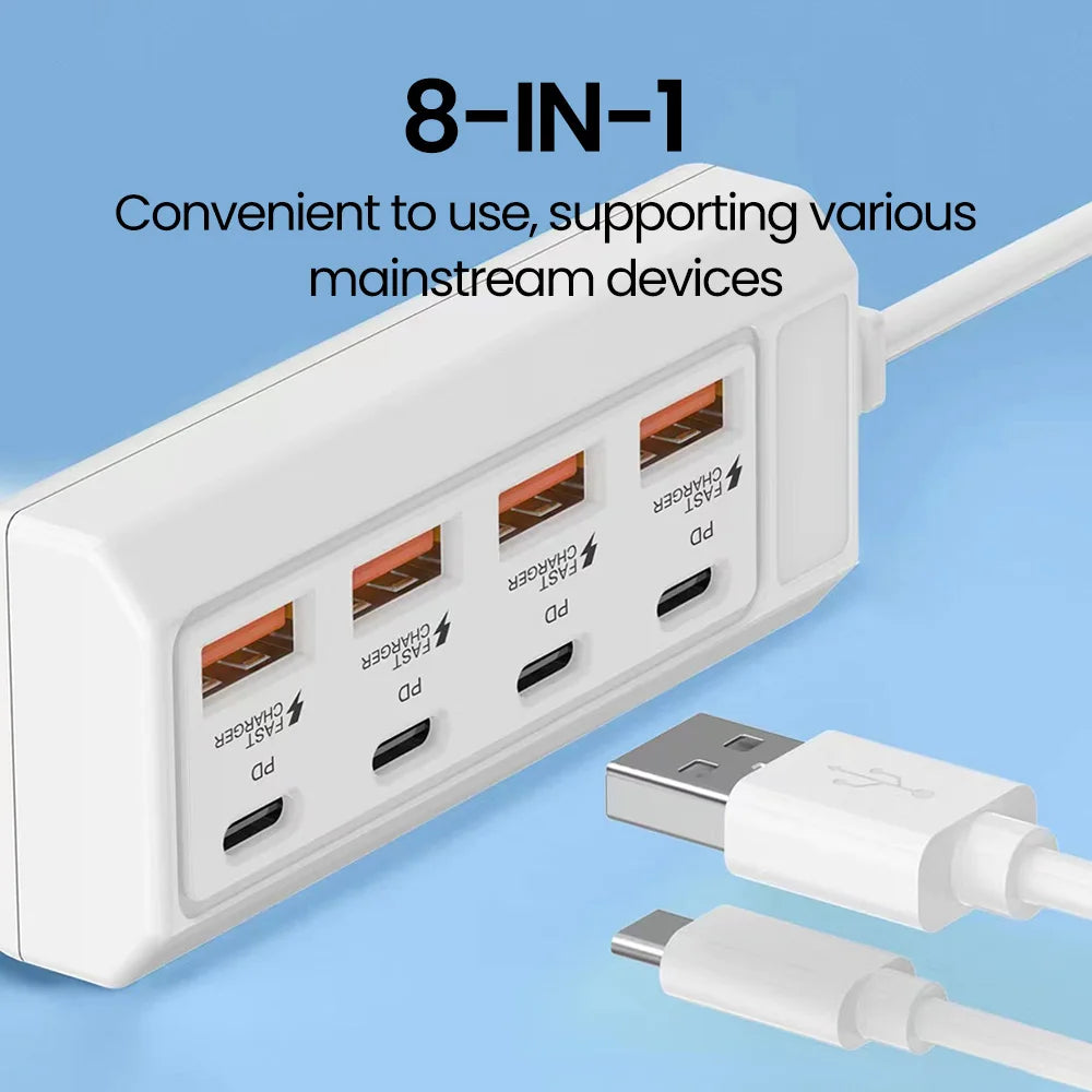 A white 8-in-1 USB wall outlet adapter with multiple ports and various charging cables shown on a blue background.
