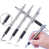 A set of metal mechanical pencils with various lead sizes shown alongside a hand for scale.