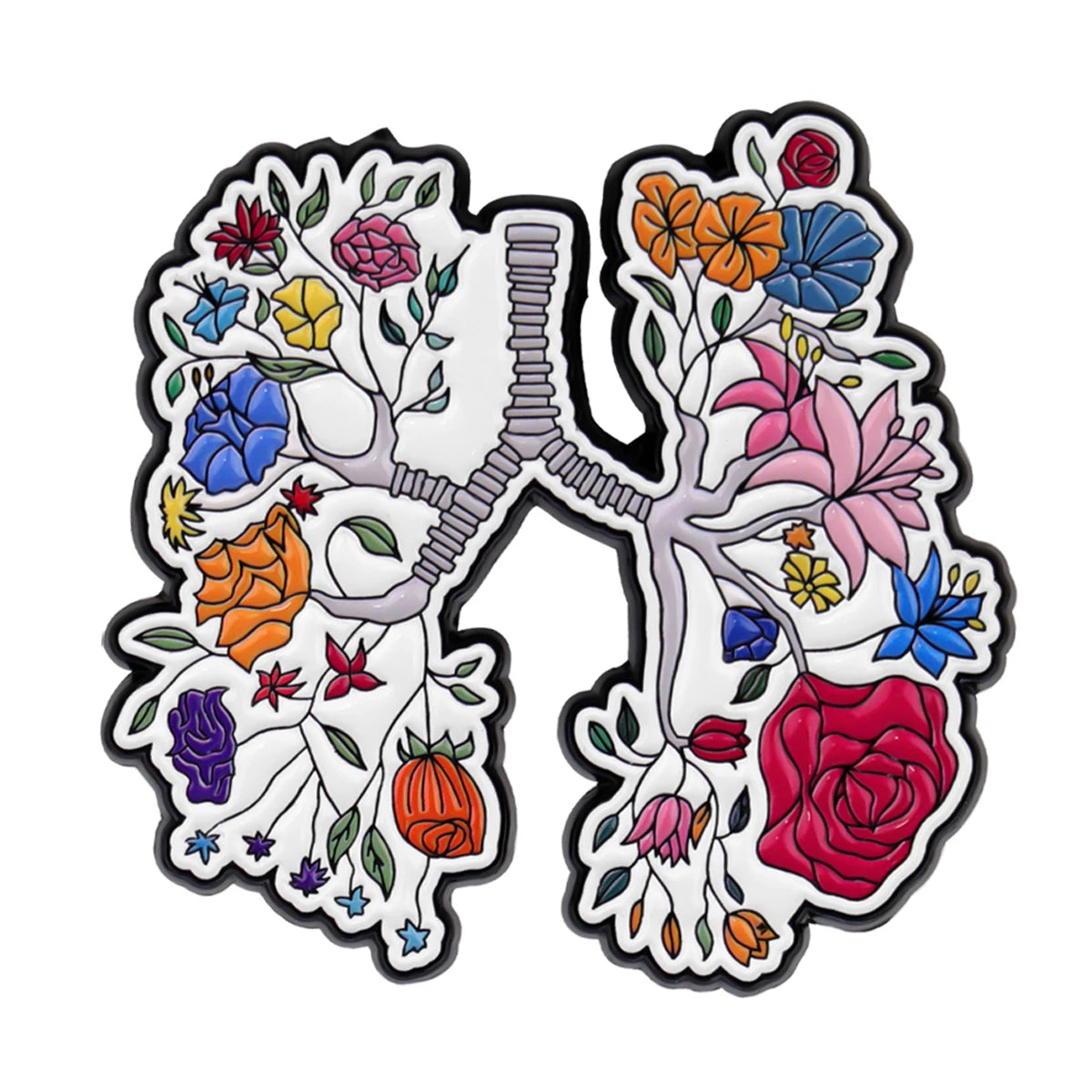 Enamel pins depicting stylized trees with various flowers and leaves for medical professionals