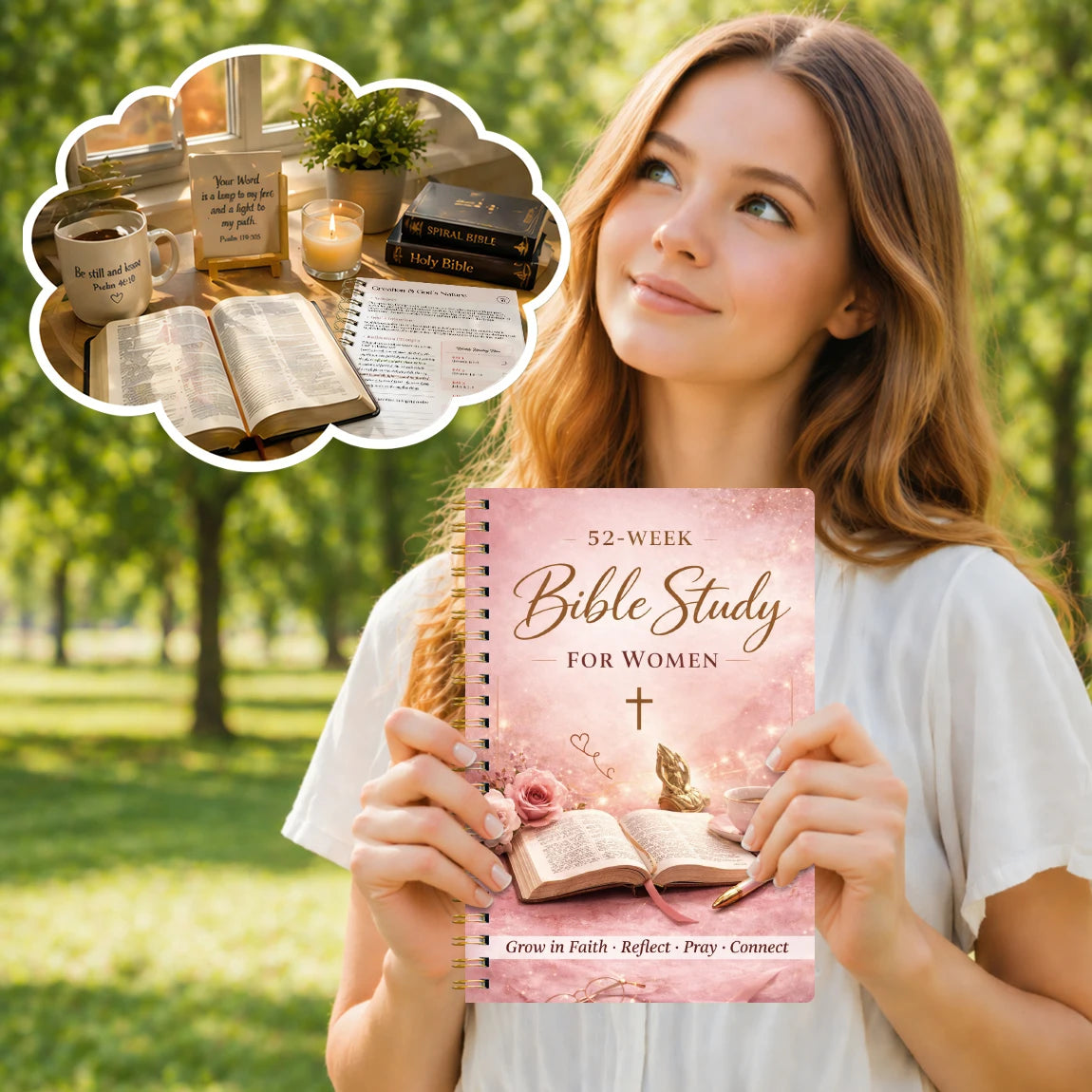 A woman holds a pink journal titled 52-Week Bible Study for Women with surrounding spiritual items.