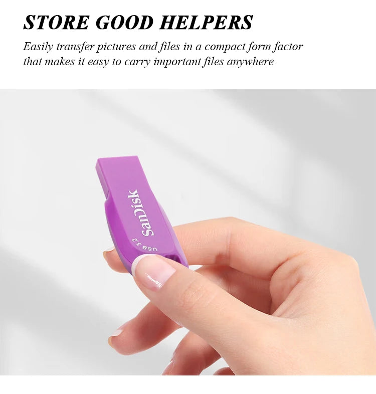 A hand holds a purple SanDisk Ultra Shift USB drive, demonstrating its compact form factor.