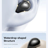 A black wireless clip-on earbud is shown inside its charging case, highlighting a teardrop-shaped structure.