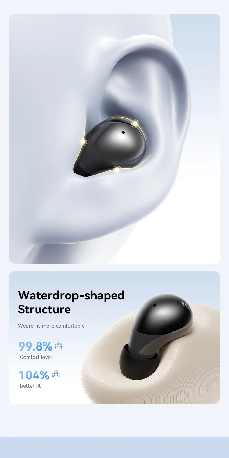 A black wireless clip-on earbud is shown inside its charging case, highlighting a teardrop-shaped structure.