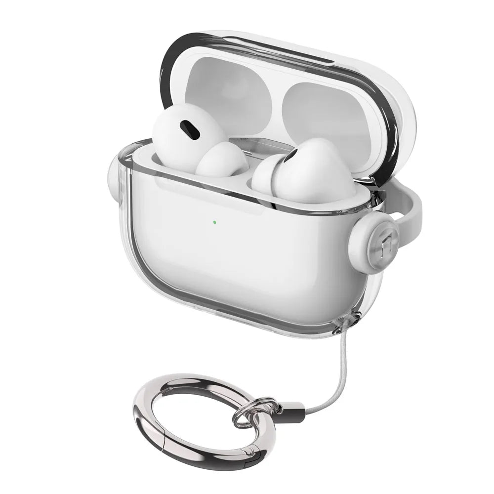 A white silicone lock case for AirPods with a silver keyring attached.