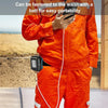 An orange jumpsuit is shown with a white cord attached, featuring a black adapter clipped to the waist.