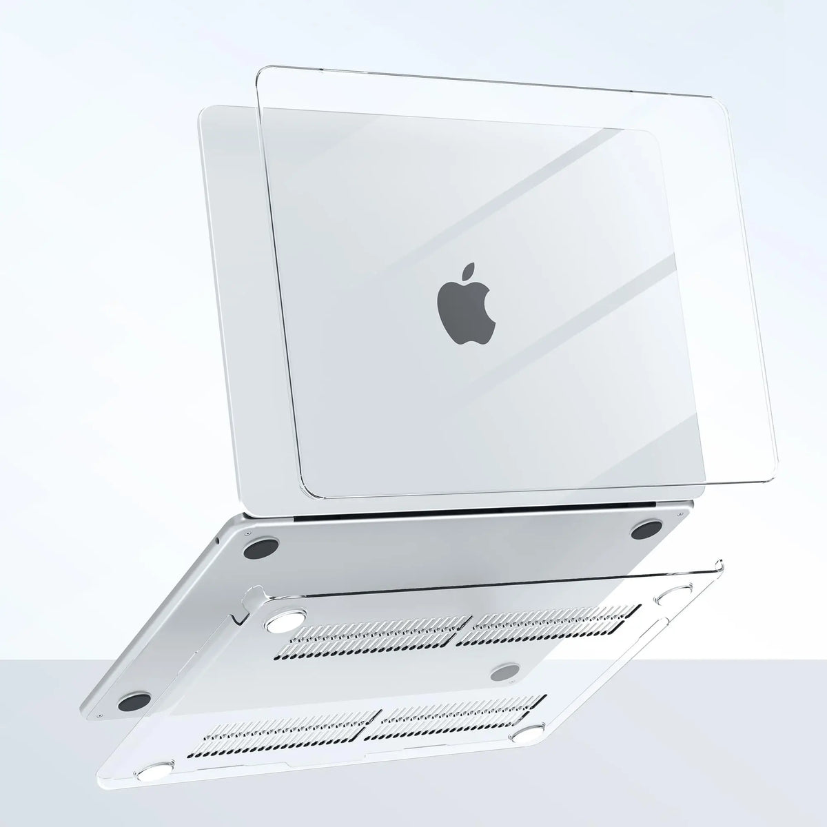 Silbriger Schutzhülle mit geschlossenem MacBook-Laptop darauf.