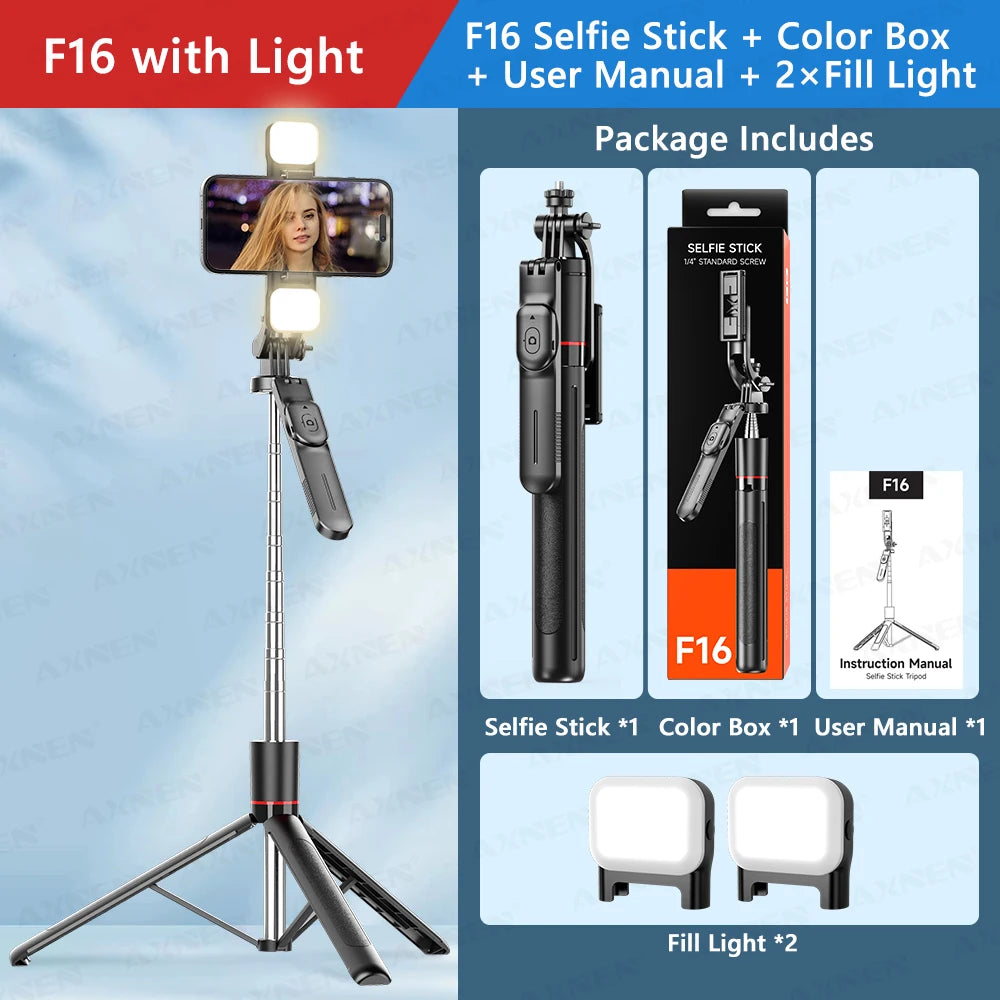 F16 selfie stick with color box and two fill lights shown next to the product.