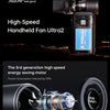 A black handheld fan with a digital display showing 9000mAh battery capacity and an illustration of its high-speed motor.