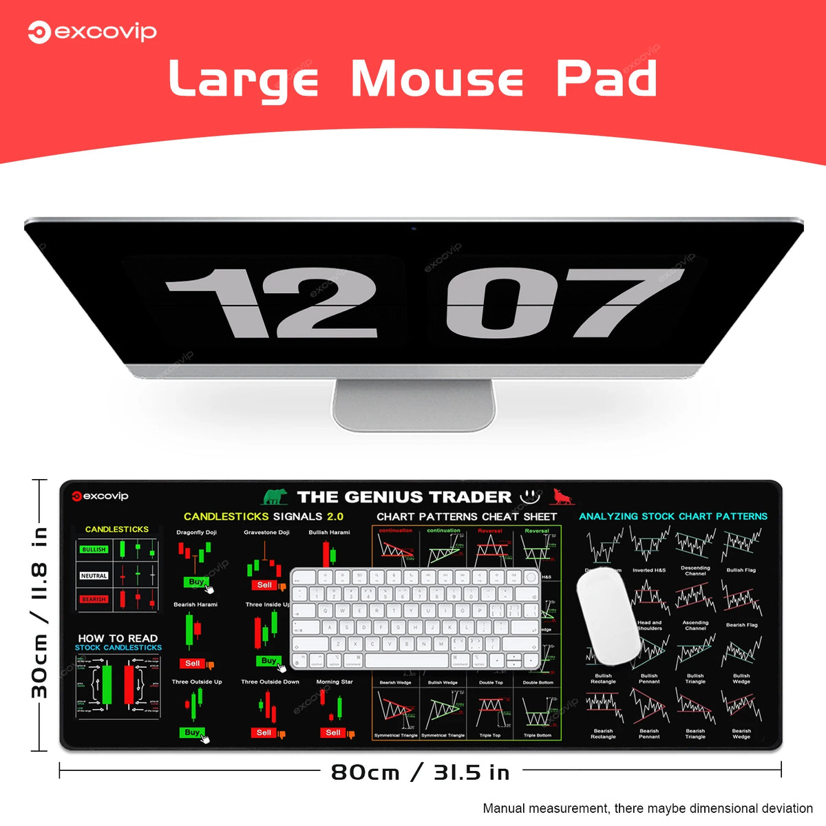 Schwarze Mauspad mit Börsencharts und Tastatur, über einem Monitor dargestellt.