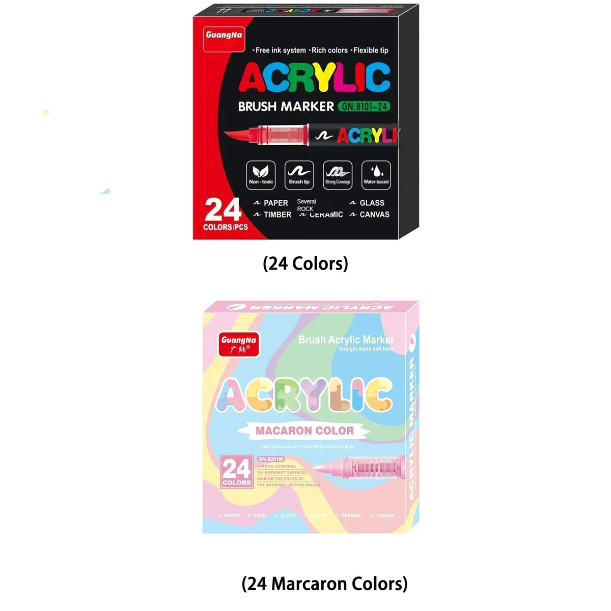 A set of 24 acrylic brush markers in various colors and tips for DIY art projects