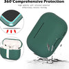 A dark green silicone earphone case with a protective cover and strap, shown alongside loose silicone pieces.