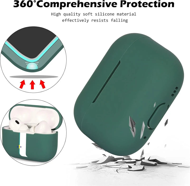 A dark green silicone earphone case with a protective cover and strap, shown alongside loose silicone pieces.