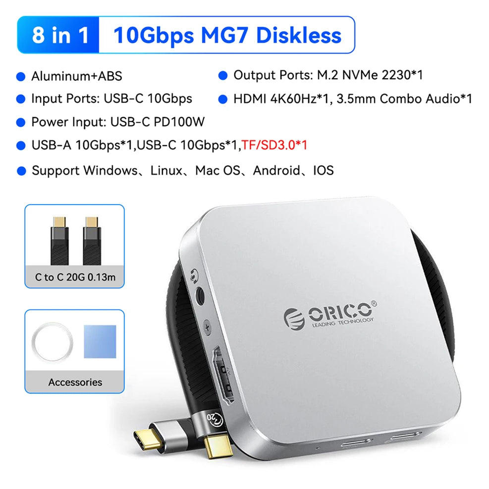 A silver portable device, the 8 in 1 10Gbps MG7 Diskless, is shown with various connectors and accessories.