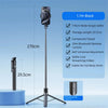 A black selfie stick with a camera mounted on top, featuring a Bluetooth remote and various adjustment options.