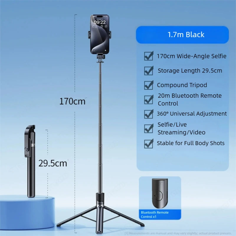 A black selfie stick with a camera mounted on top, featuring a Bluetooth remote and various adjustment options.