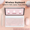 Pinkes kabelloses Keyboard mit Laptop-Bildschirm, der Symbole für iOS, Android und Windows zeigt.