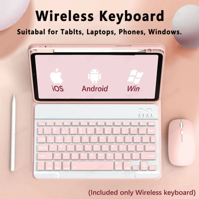 Pinkes kabelloses Keyboard mit Laptop-Bildschirm, der Symbole für iOS, Android und Windows zeigt.