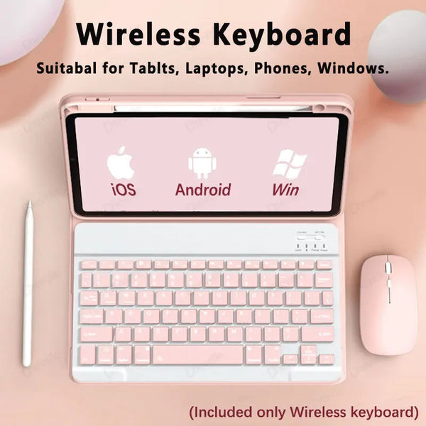 لوحة مفاتيح لاسلكية وردية مع شاشة حاسوب تعرض أيقونات أنظمة تشغيل iOS وAndroid وWindows