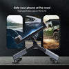 A silver telescopic car headrest phone and tablet mount is shown in use, securing a device for safe road travel.