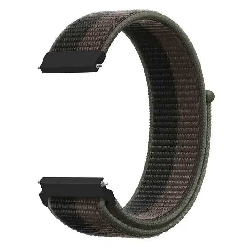 A close-up view of a dark brown nylon loop watch strap with black adjustment pieces.