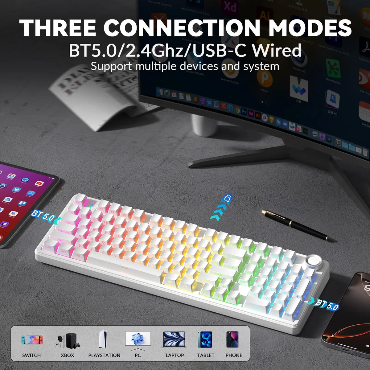 A white mechanical keyboard is shown with various connection options and a laptop screen in the background.