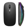 Schwarze ergonomische kabellose Gaming-Maus mit leuchtendem Regenbogen-RGB-Hintergrundbeleuchtung an der Seite.