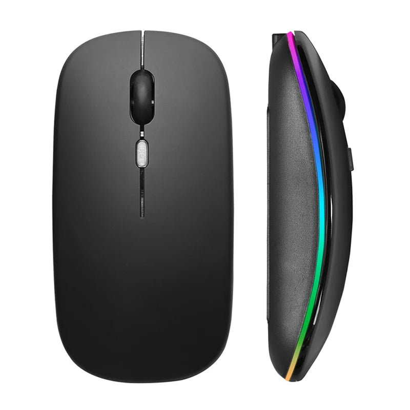 Schwarze ergonomische kabellose Gaming-Maus mit leuchtendem Regenbogen-RGB-Hintergrundbeleuchtung an der Seite.