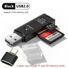 Black USB 2.0 SDXC card reader with an adapter and a clear plastic case.