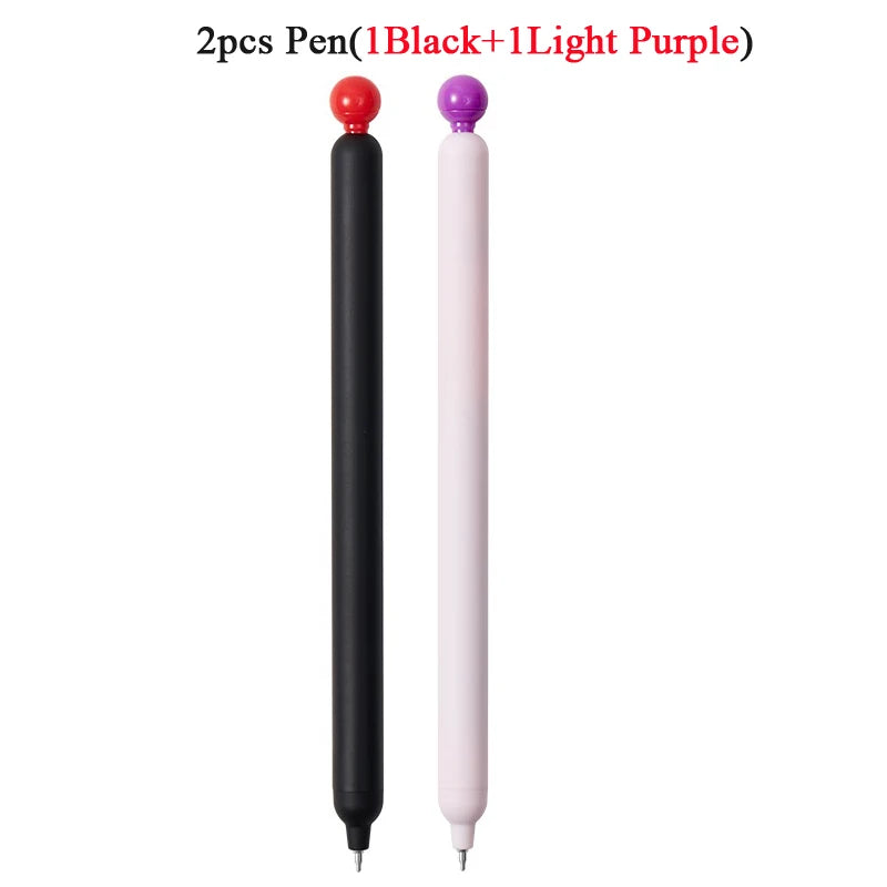 Two pens are shown: one black and one light purple, with smooth gel tips.