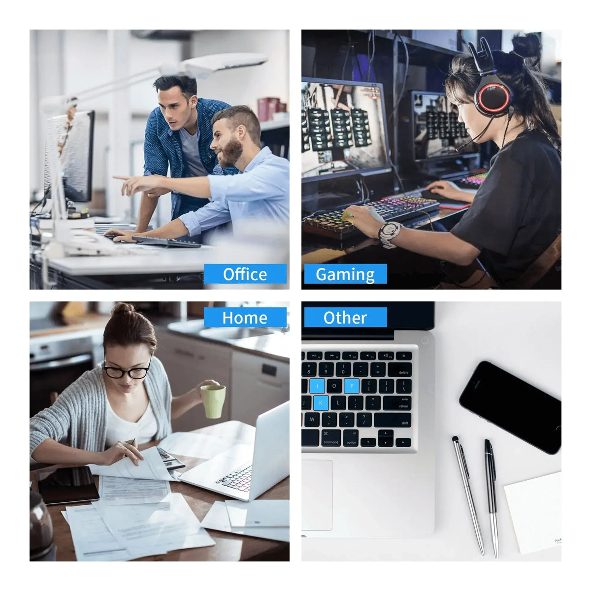 Collage von Menschen, die einen Computer nutzen, spielen, von zu Hause arbeiten und in einem Büro sind.