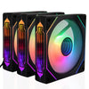 A set of four ARGB PC case cooling fans with vertical glowing accents and circular openings.